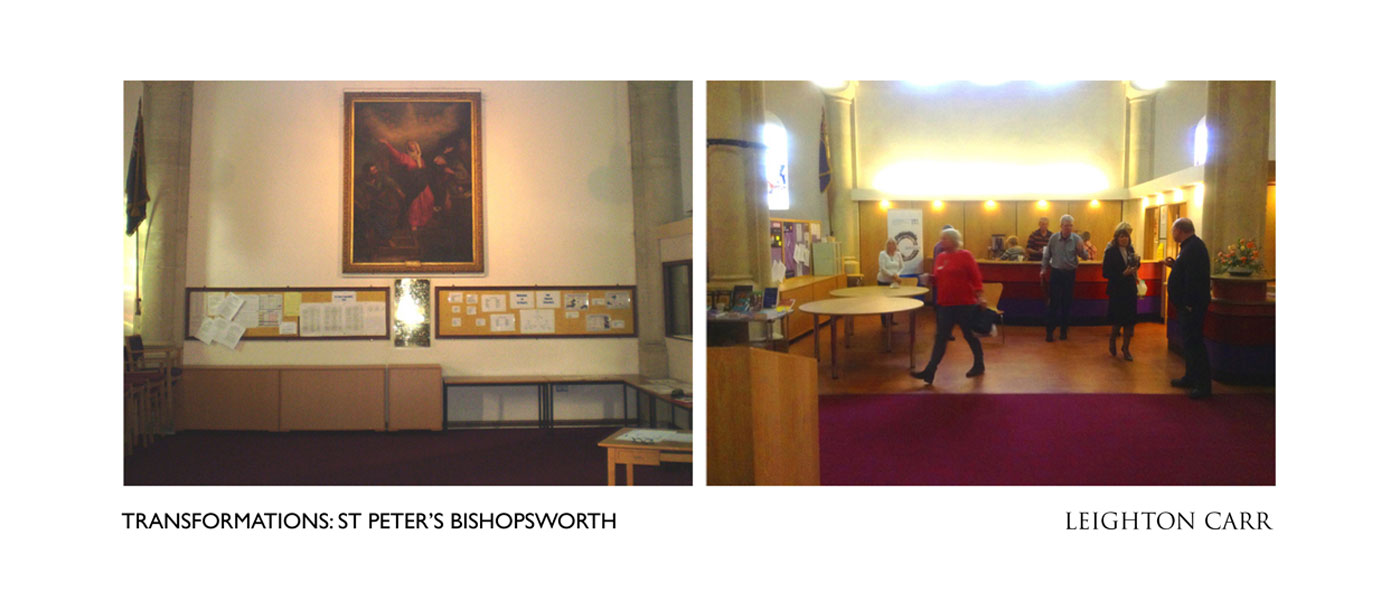 Before - a dull west wall with enormous painting: After -  a bright bistro servery