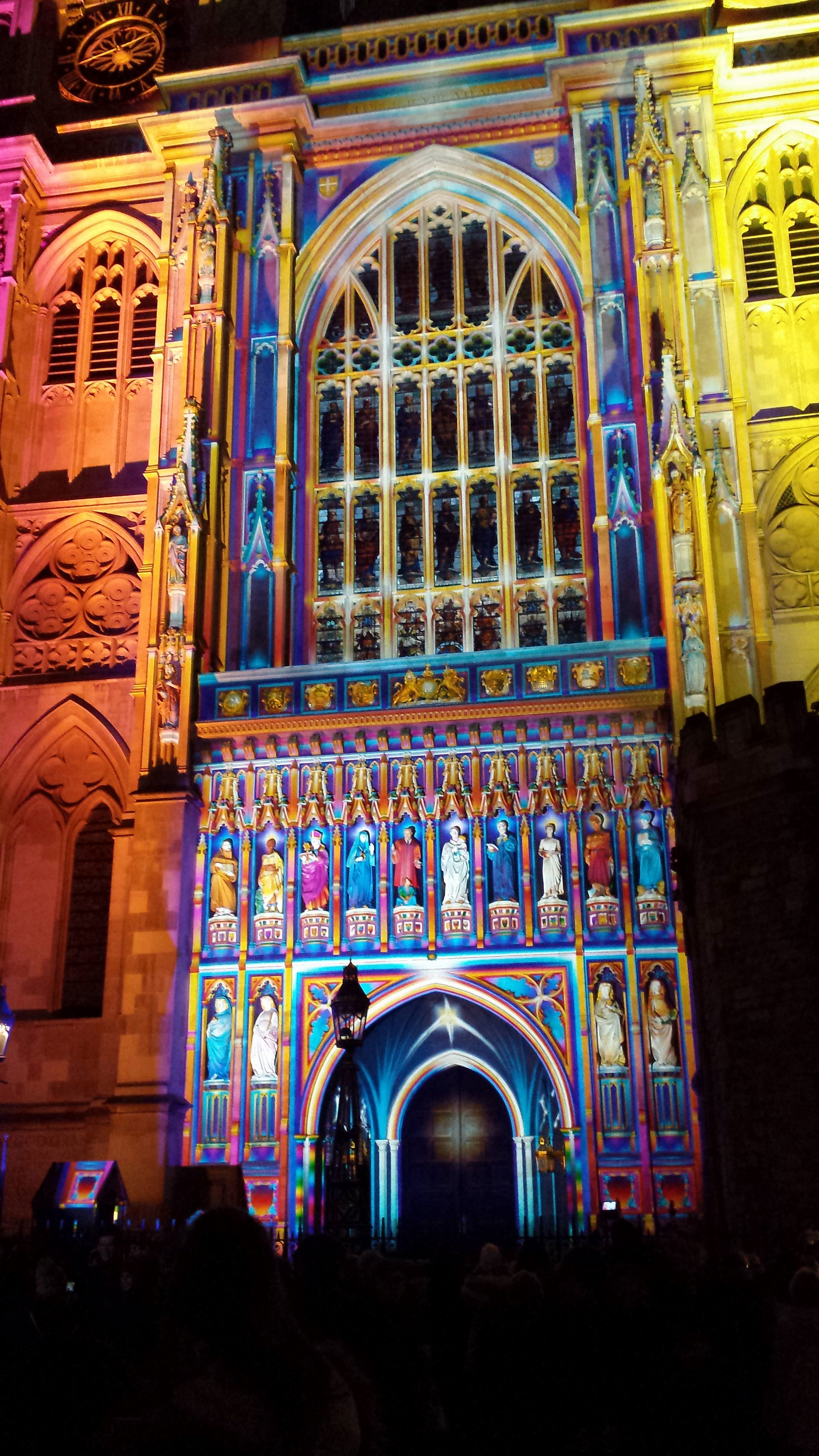 WESTMINSTER ABBEY WEST END LIT BY A GIANT OVERHEAD PROJECTOR